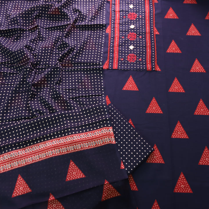 Radhika Blue Polka Dot Print Yoke with Mirror Work Cotton Set
