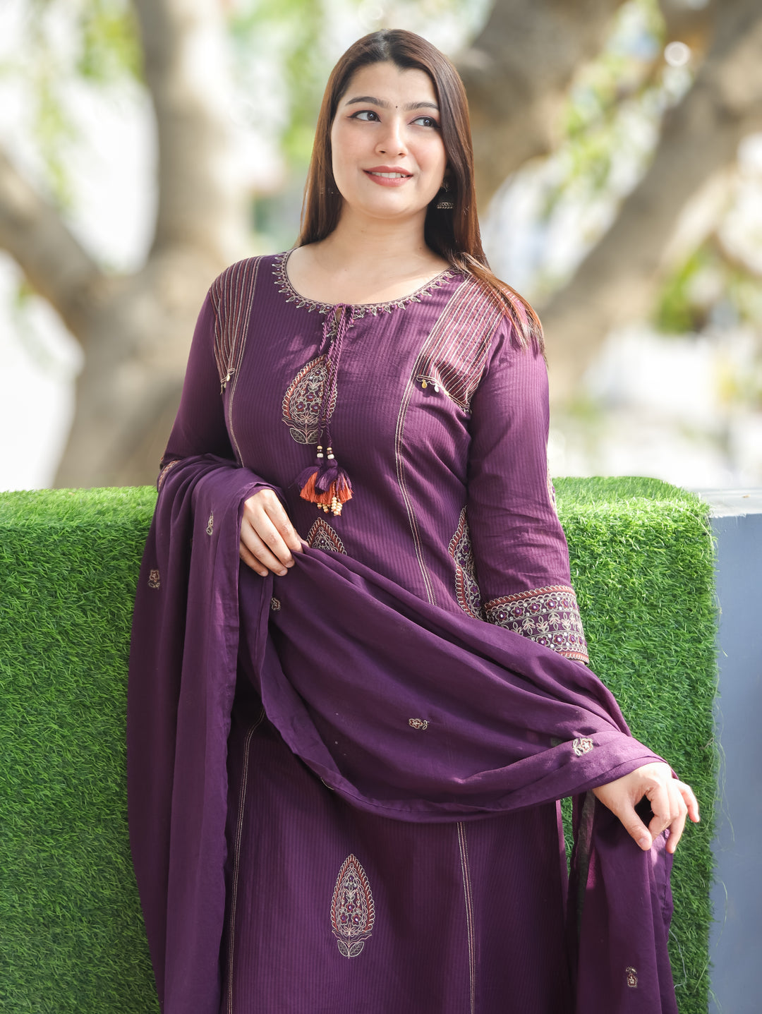Ruchi Purple Embroidered Cotton 3 Piece Set