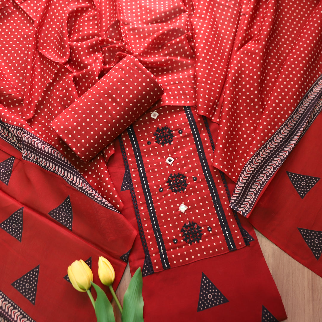 Radhika Red Polka Dot Print Yoke with Mirror Work Cotton Set