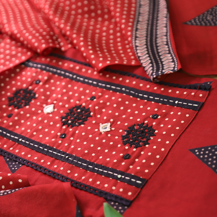 Radhika Red Polka Dot Print Yoke with Mirror Work Cotton Set