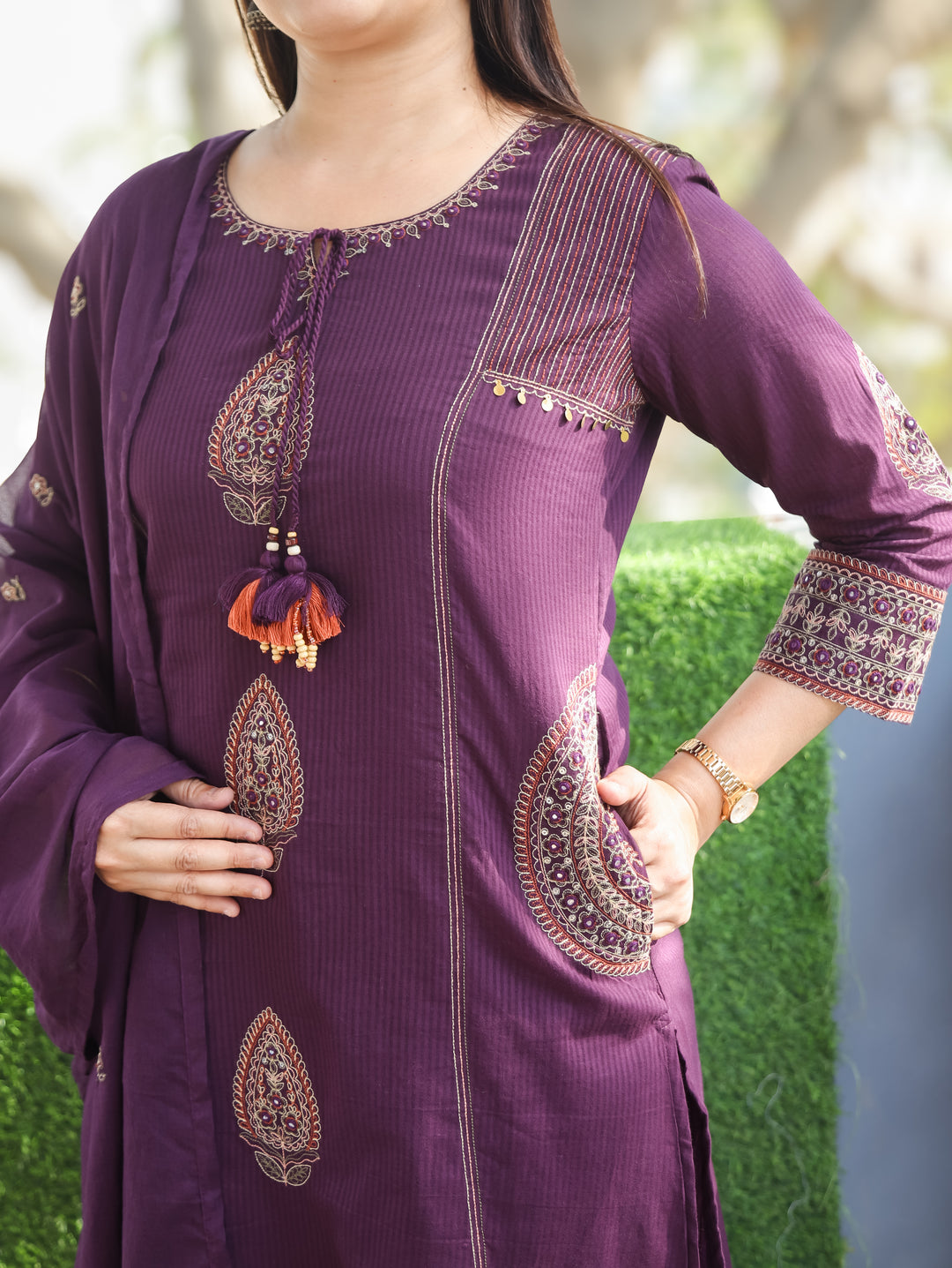 Ruchi Purple Embroidered Cotton 3 Piece Set