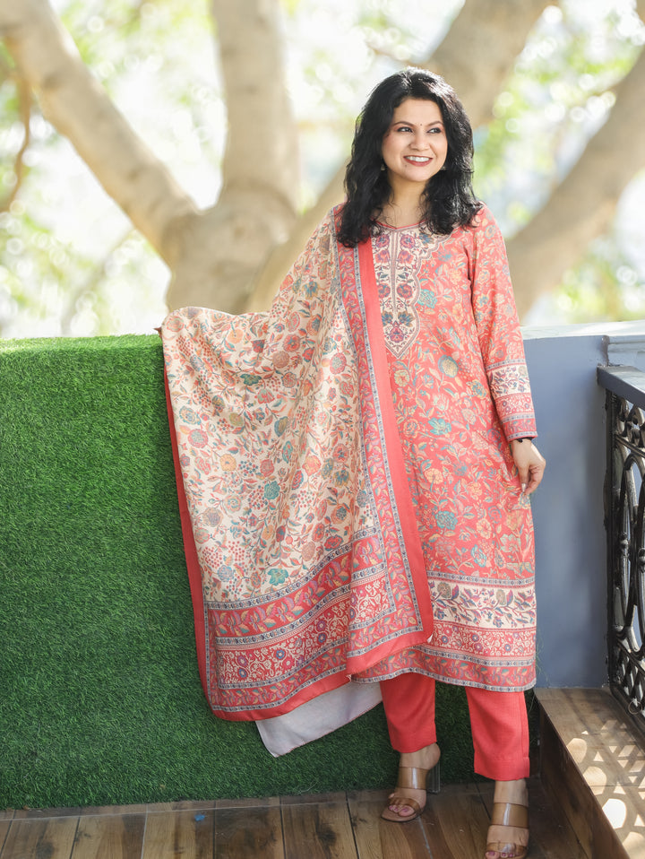 Tejaswini Coral Peach Round Neck Kashmiri Floral Print Semi Pashmina 3 Piece Set