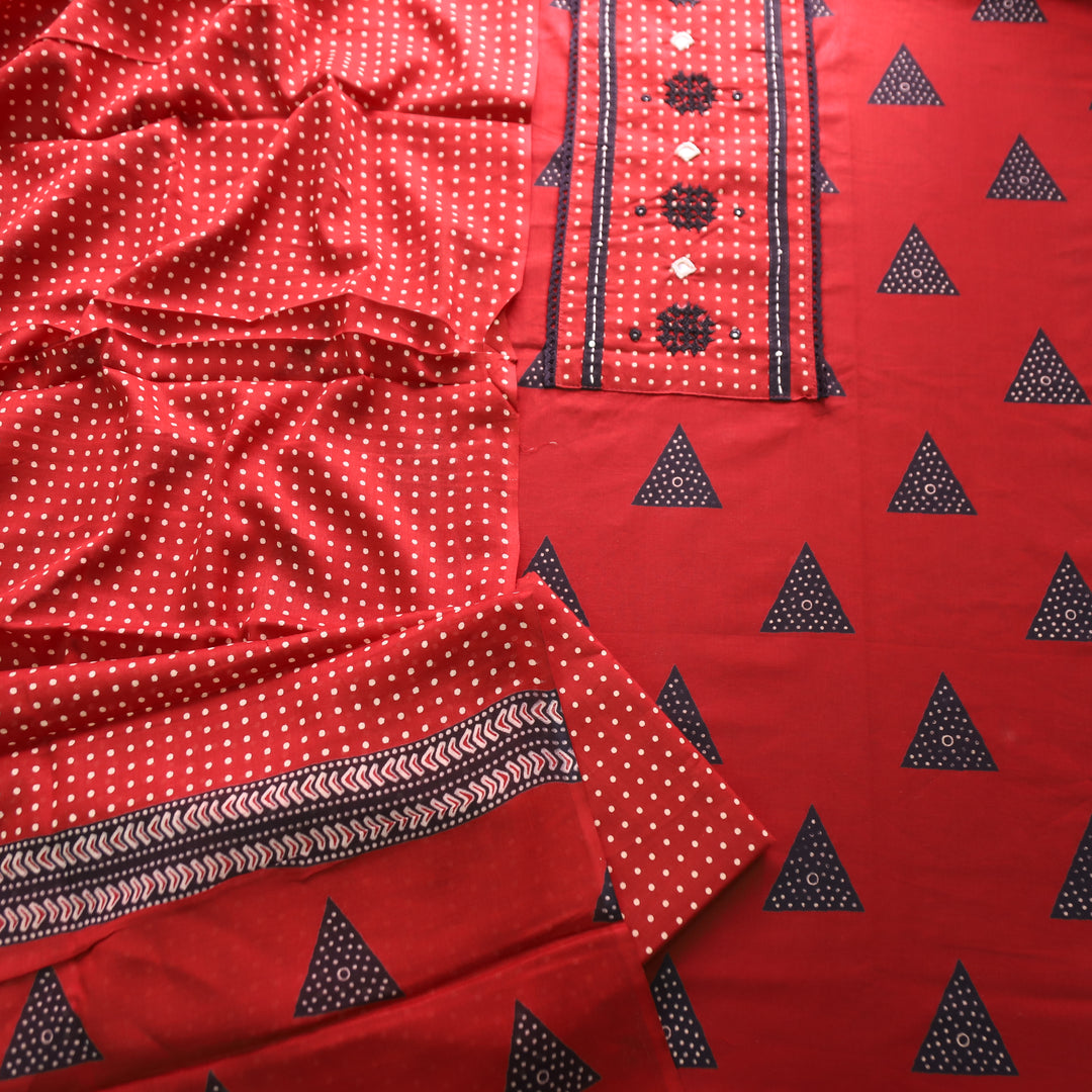 Radhika Red Polka Dot Print Yoke with Mirror Work Cotton Set