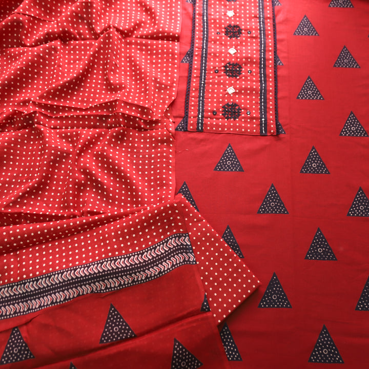 Radhika Red Polka Dot Print Yoke with Mirror Work Cotton Set