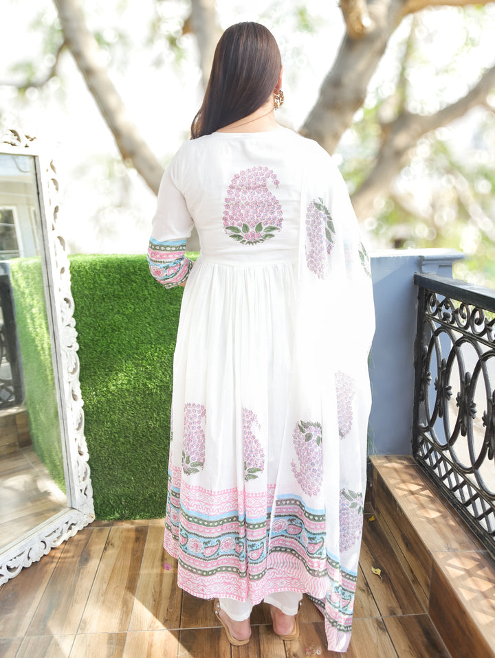 Kira White Pink Anarkali Mul Cotton 3 Piece Set