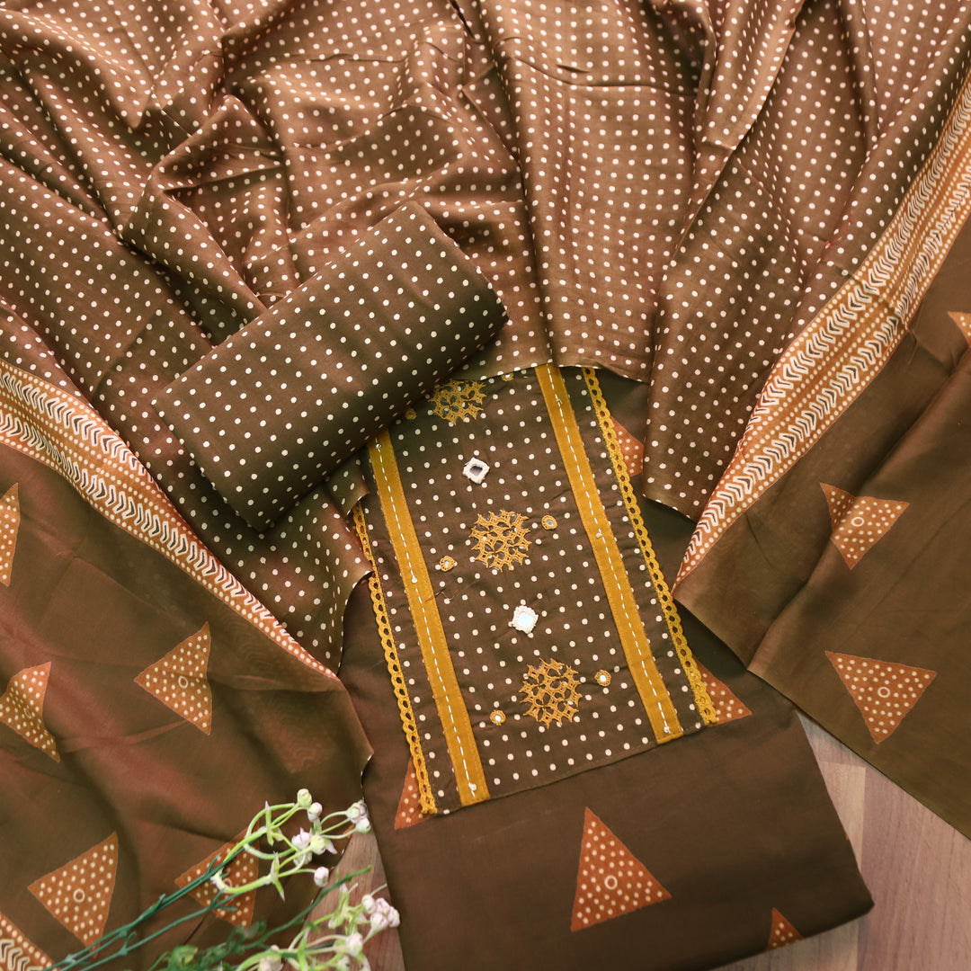 Radhika Mehendi Polka Dot Print Yoke with Mirror Work Cotton Set