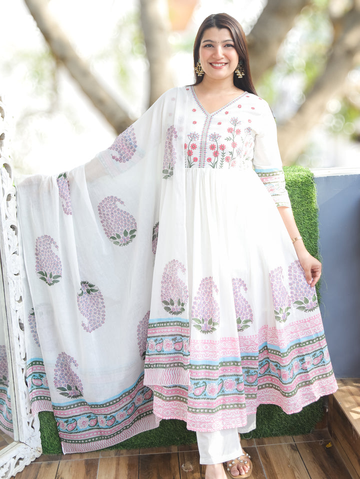 Kira White Pink Anarkali Mul Cotton 3 Piece Set