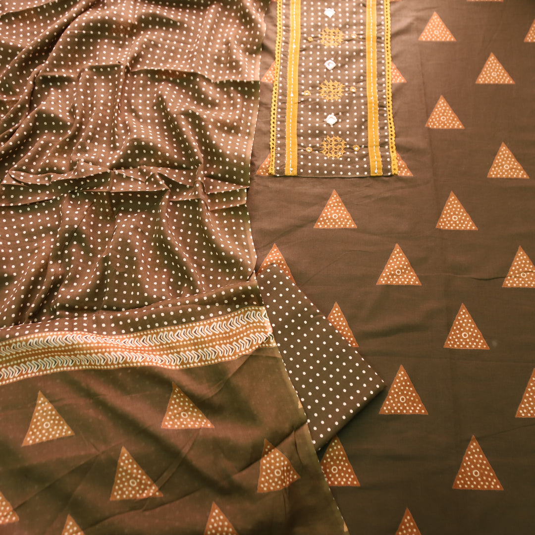 Radhika Mehendi Polka Dot Print Yoke with Mirror Work Cotton Set