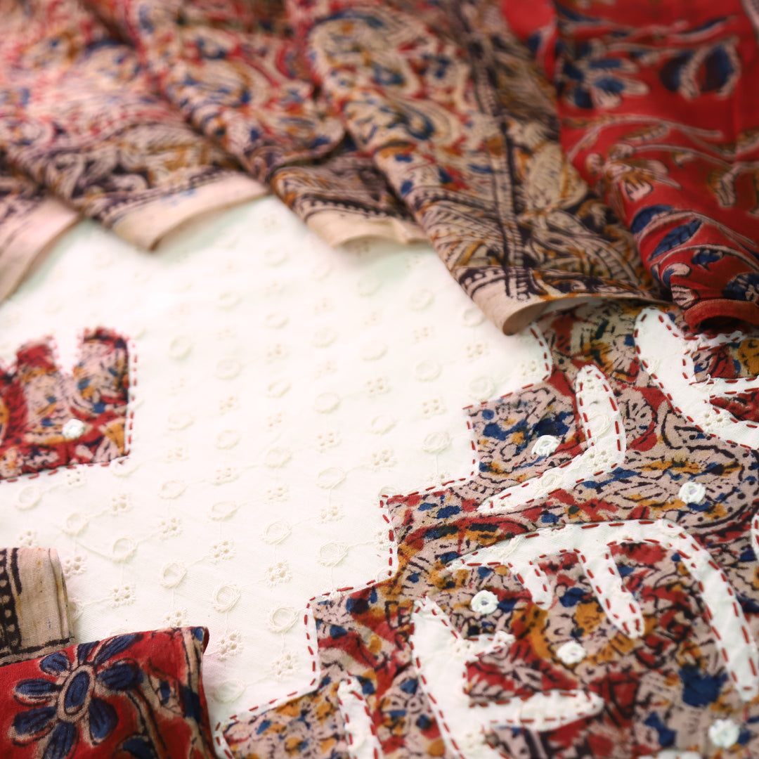 Bulbul Off-White with Red Kalmakari Applique Work Cotton Schiffli Set