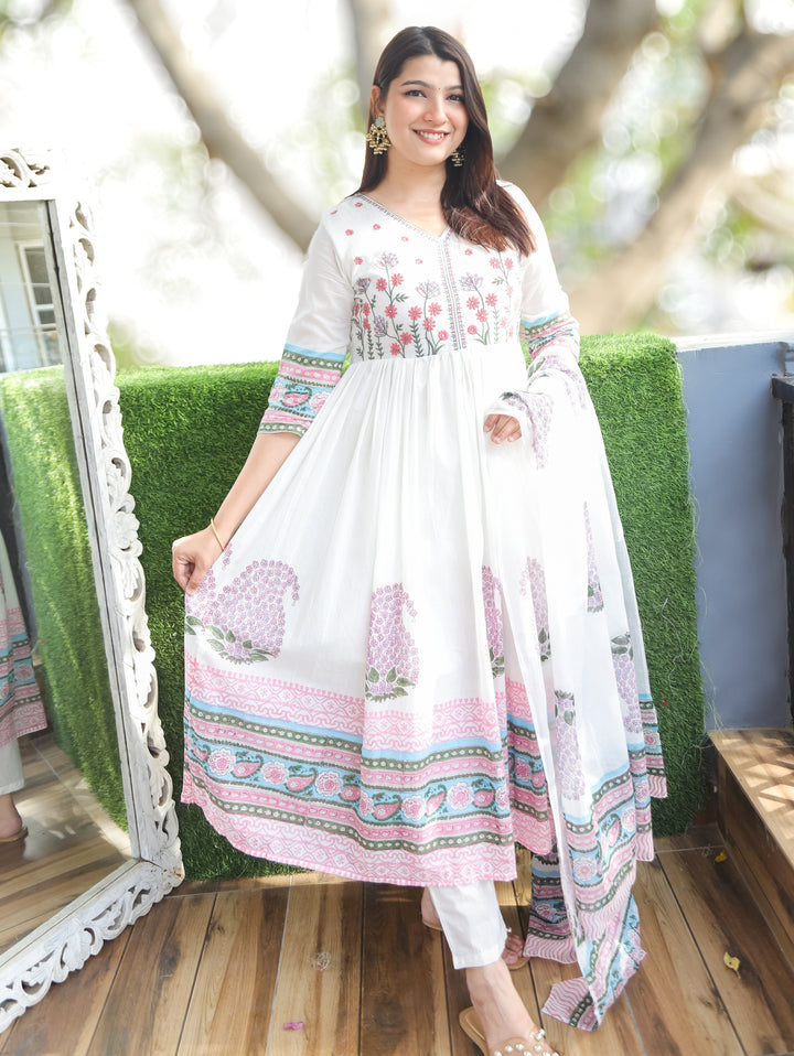 Kira White Pink Anarkali Mul Cotton 3 Piece Set