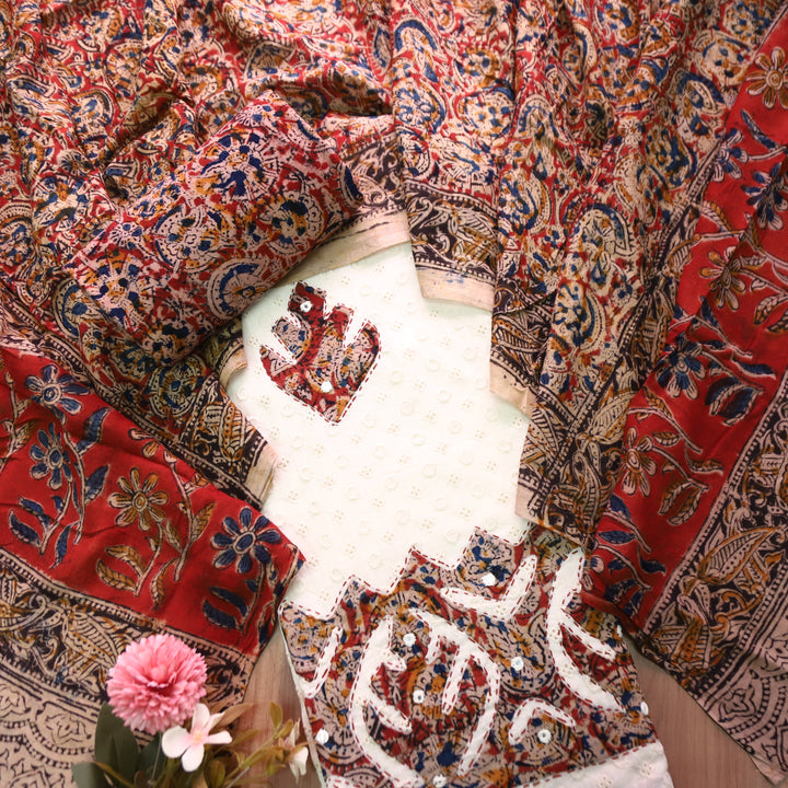 Bulbul Off-White with Red Kalmakari Applique Work Cotton Schiffli Set