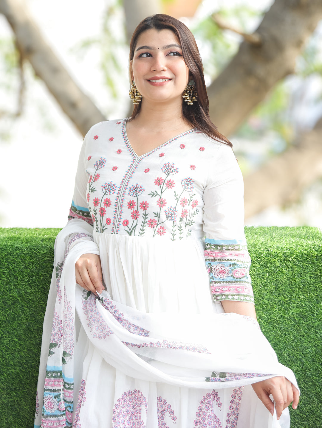 Kira White Pink Anarkali Mul Cotton 3 Piece Set