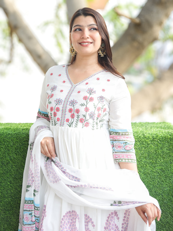 Kira White Pink Anarkali Mul Cotton 3 Piece Set