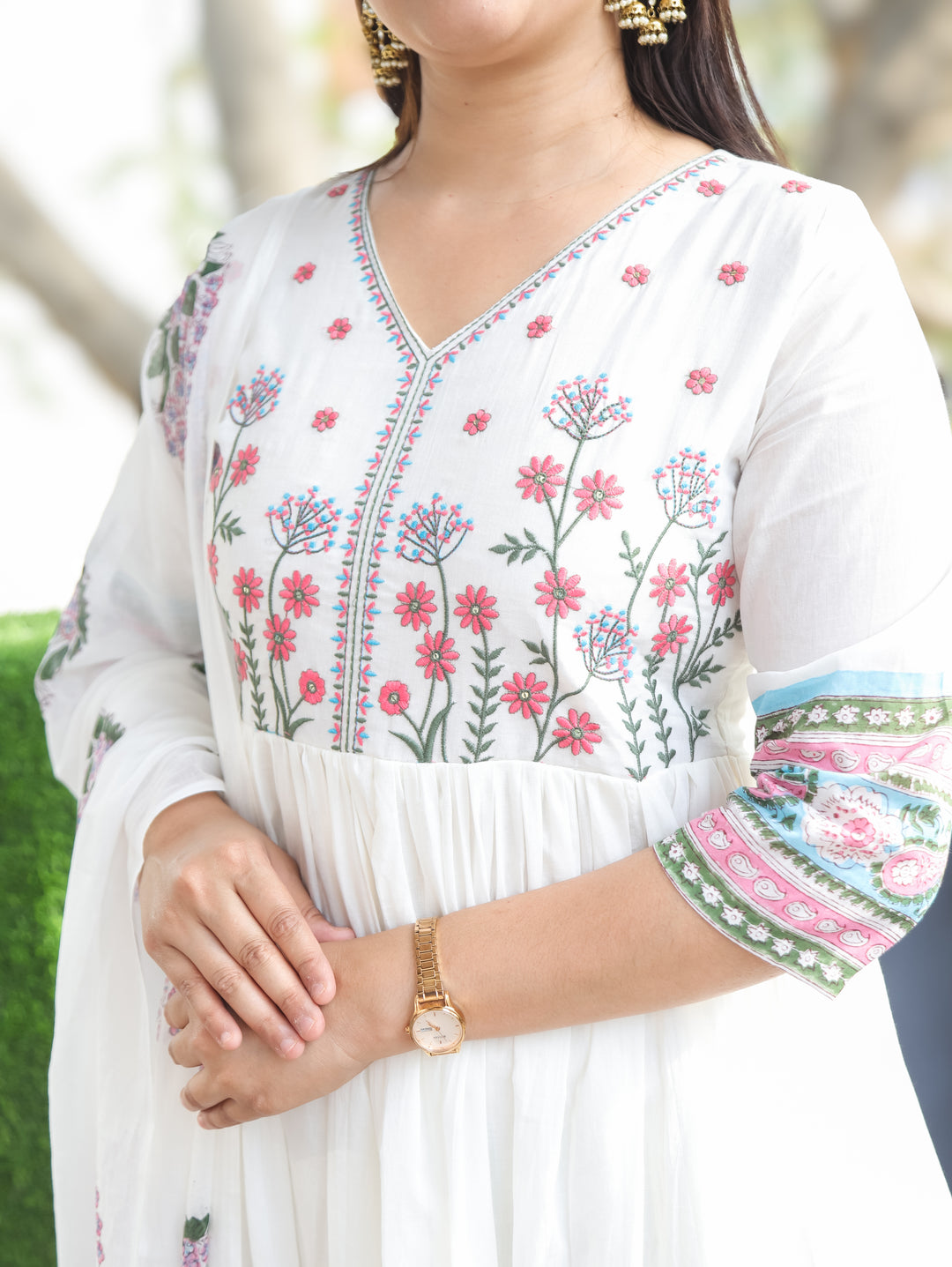 Kira White Pink Anarkali Mul Cotton 3 Piece Set