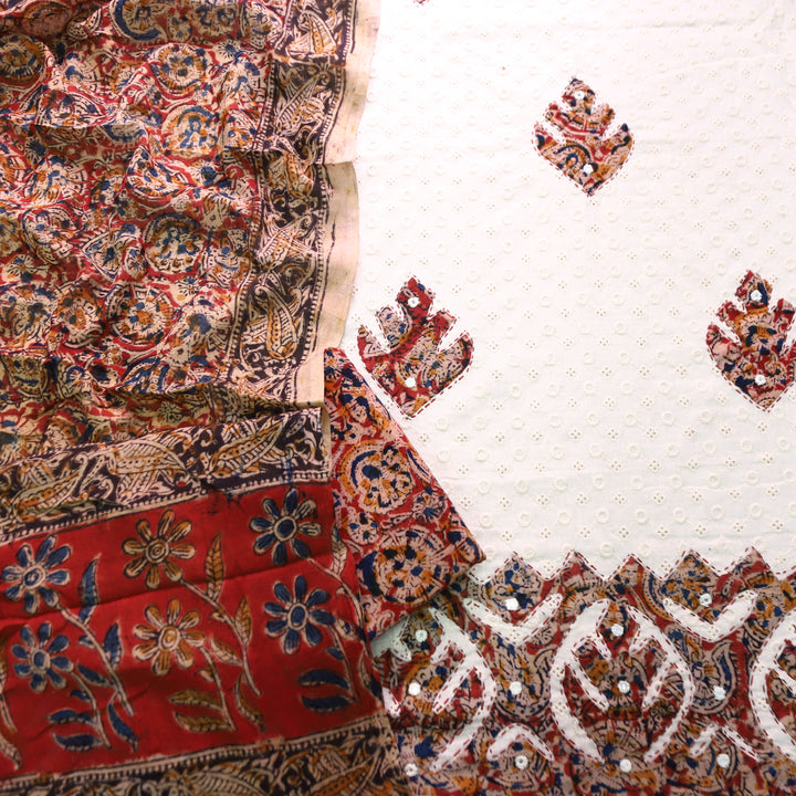 Bulbul Off-White with Red Kalmakari Applique Work Cotton Schiffli Set
