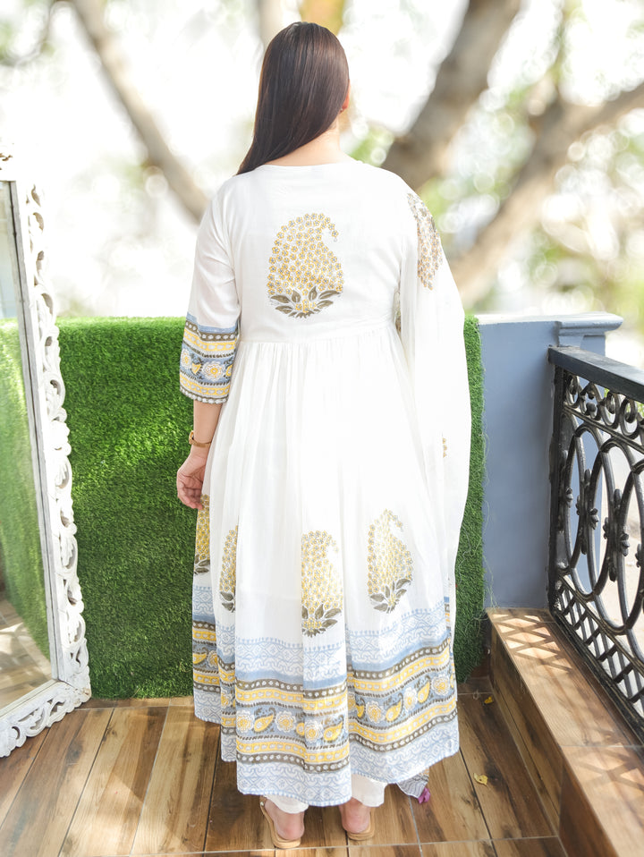 Kira White Yellow Anarkali Mul Cotton 3 Piece Set
