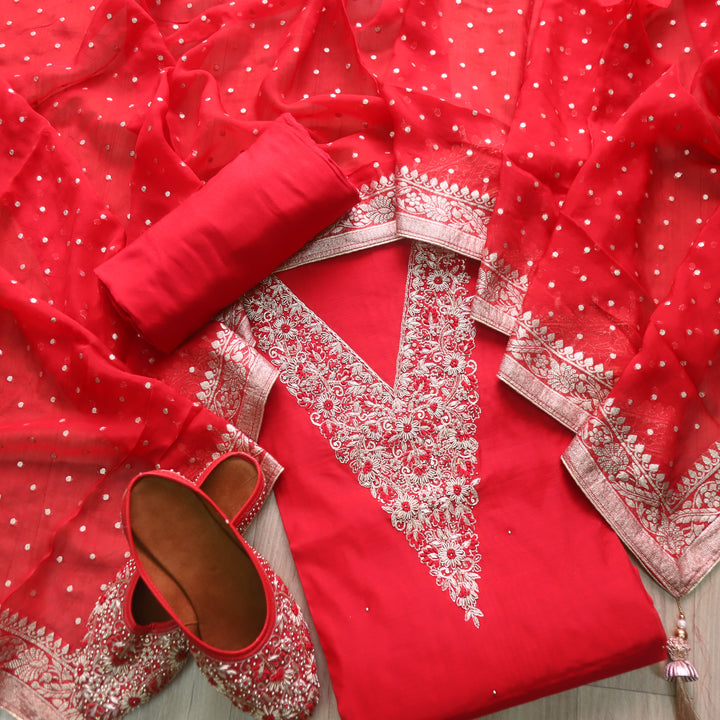 Aatish Bride Red Embellished Neck Work Chanderi Suit Set with Noor Jutti