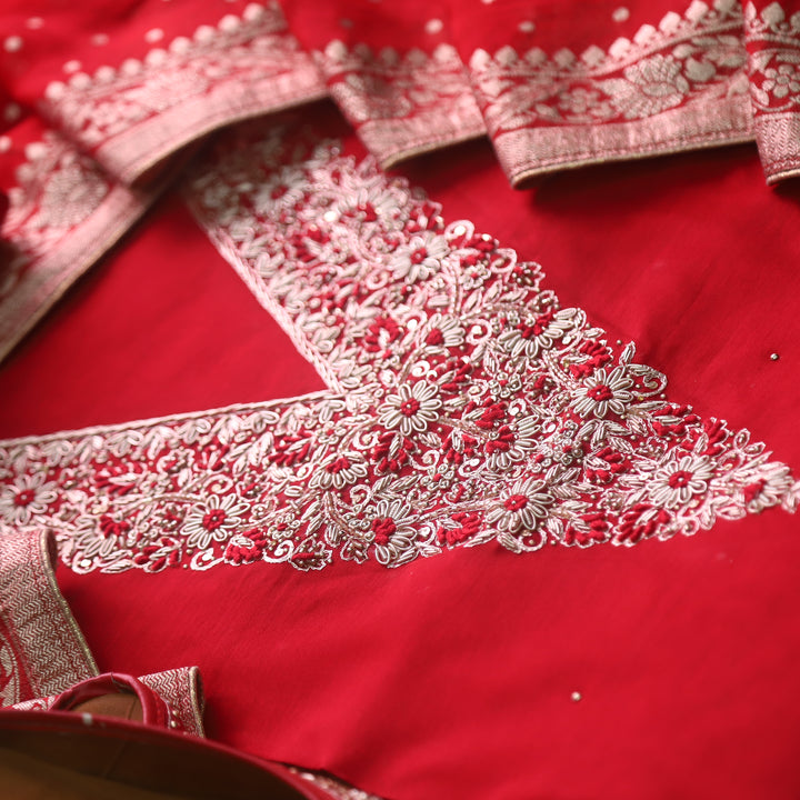 Aatish Bride Red Embellished Neck Work Chanderi Suit Set with Noor Jutti