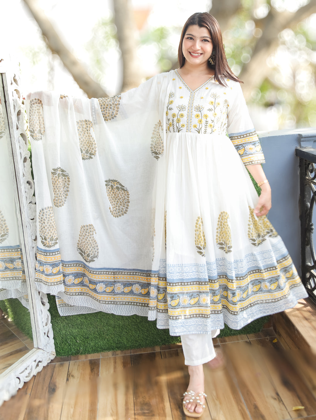 Kira White Yellow Anarkali Mul Cotton 3 Piece Set