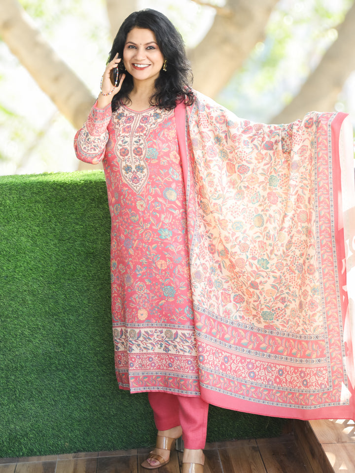 Tejaswini Punch Blush Pink Round Neck Kashmiri Floral Print Semi Pashmina 3 Piece Set