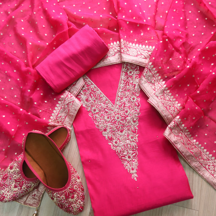 Aatish Rani Pink Embellished Neck Work Chanderi Suit Set with Noor Jutti