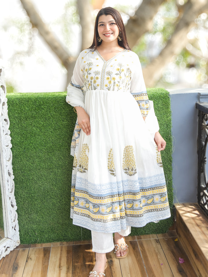 Kira White Yellow Anarkali Mul Cotton 3 Piece Set