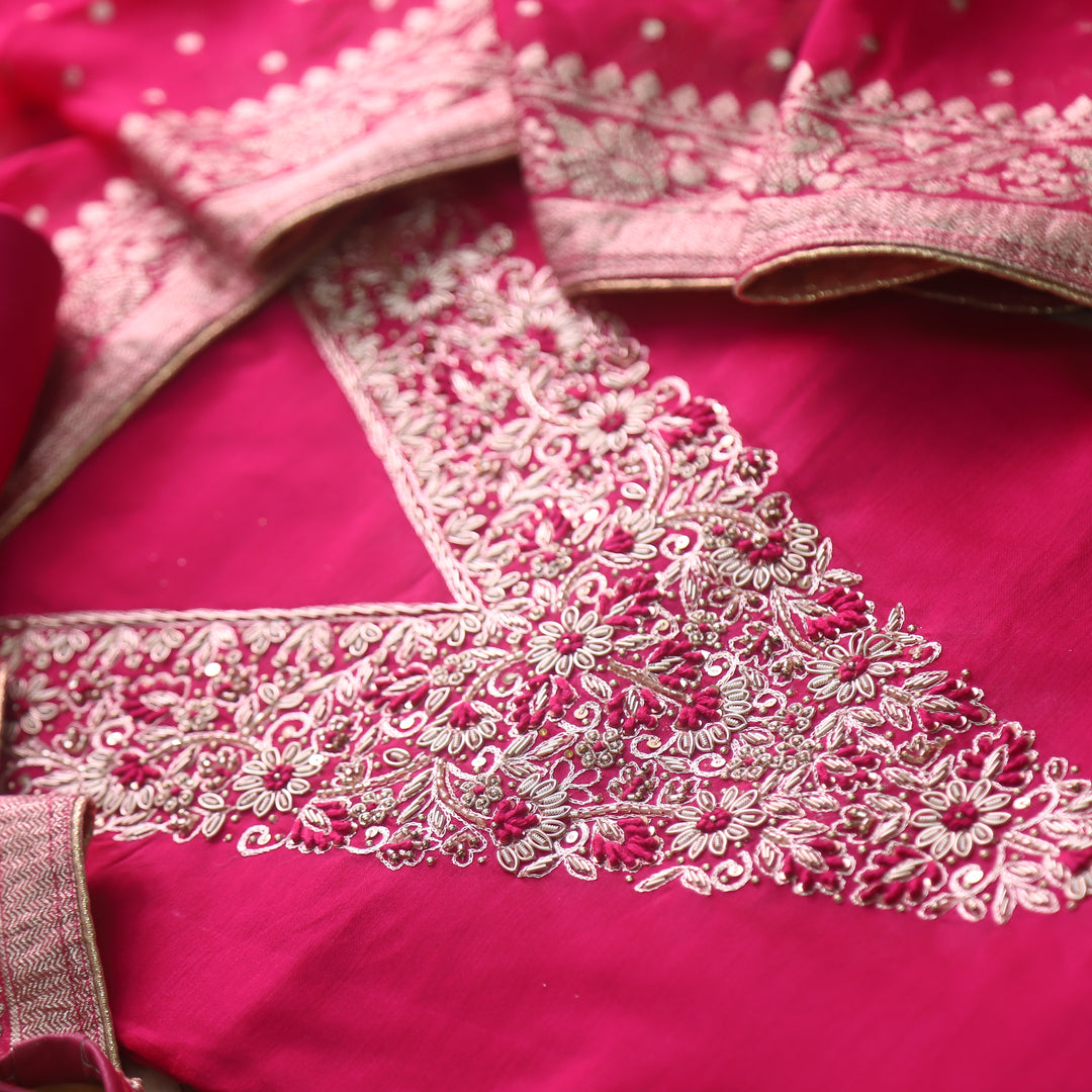 Aatish Rani Pink Embellished Neck Work Chanderi Suit Set with Noor Jutti