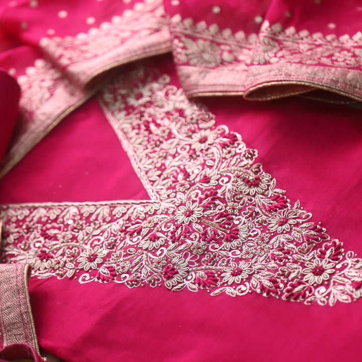 Aatish Rani Pink Embellished Neck Work Chanderi Suit Set with Noor Jutti