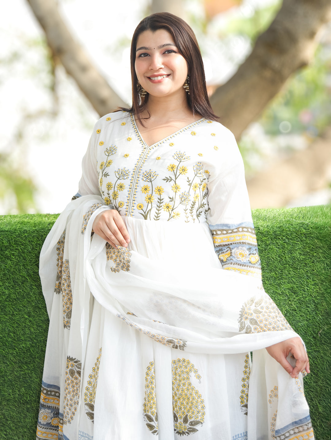 Kira White Yellow Anarkali Mul Cotton 3 Piece Set