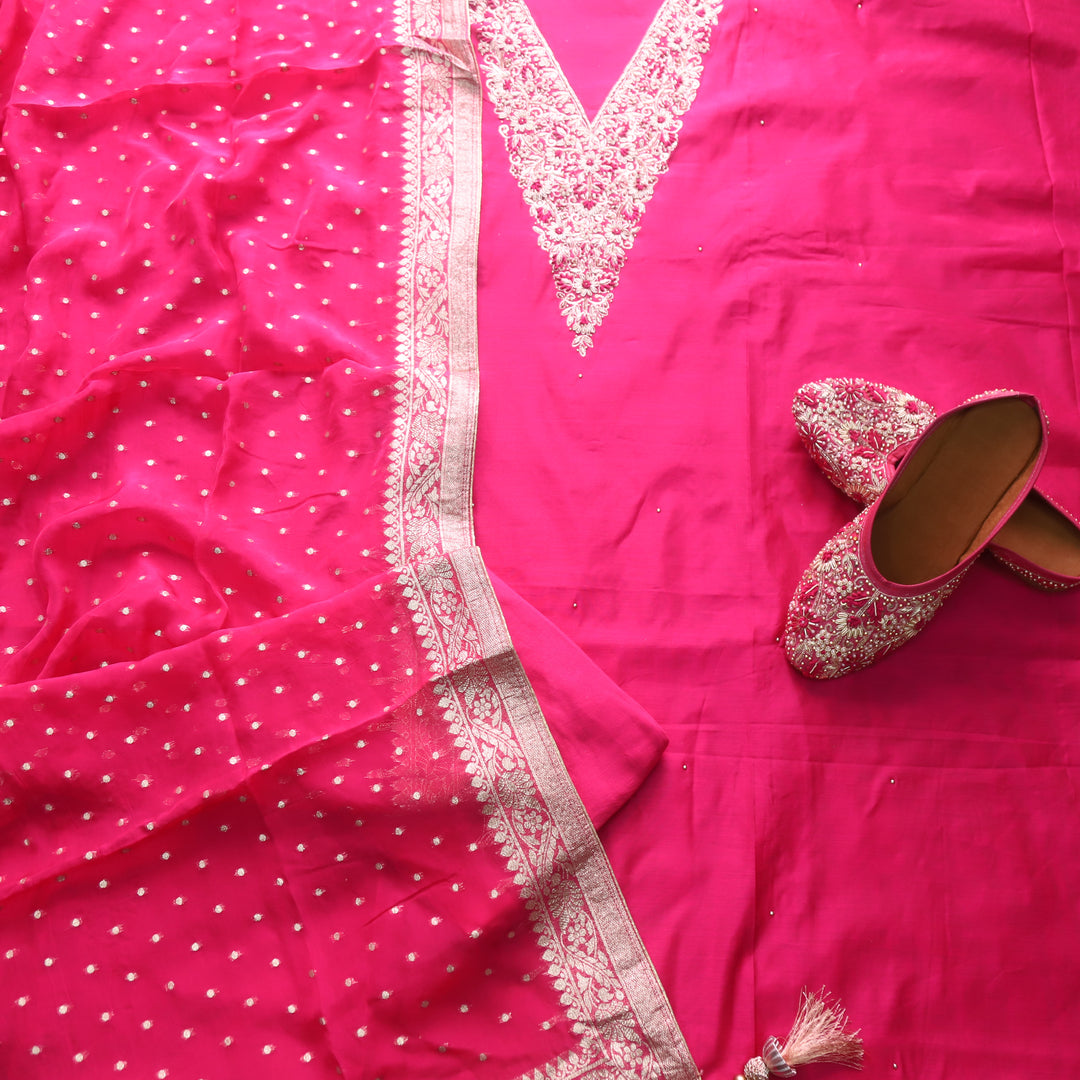 Aatish Rani Pink Embellished Neck Work Chanderi Suit Set with Noor Jutti