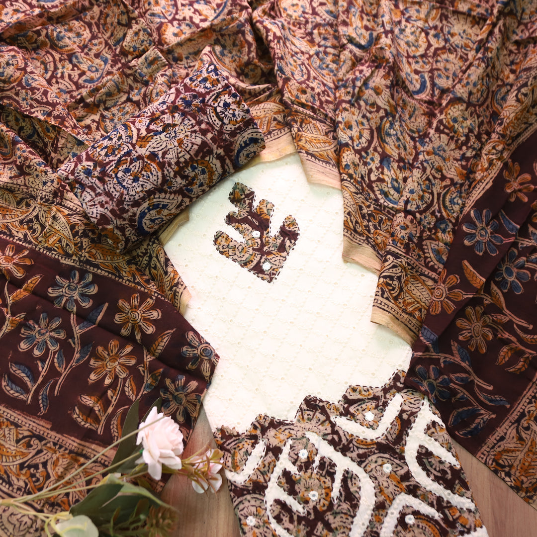 Bulbul Off-White with Maroon Kalamkari Applique Work Cotton Schiffli Set