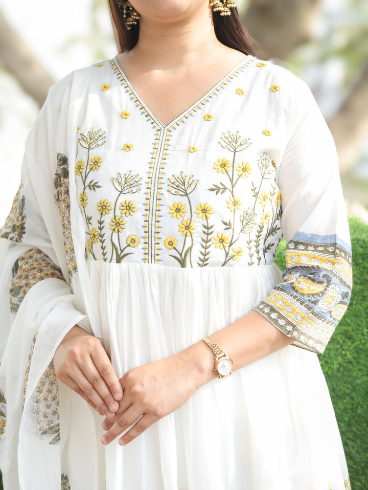 Kira White Yellow Anarkali Mul Cotton 3 Piece Set