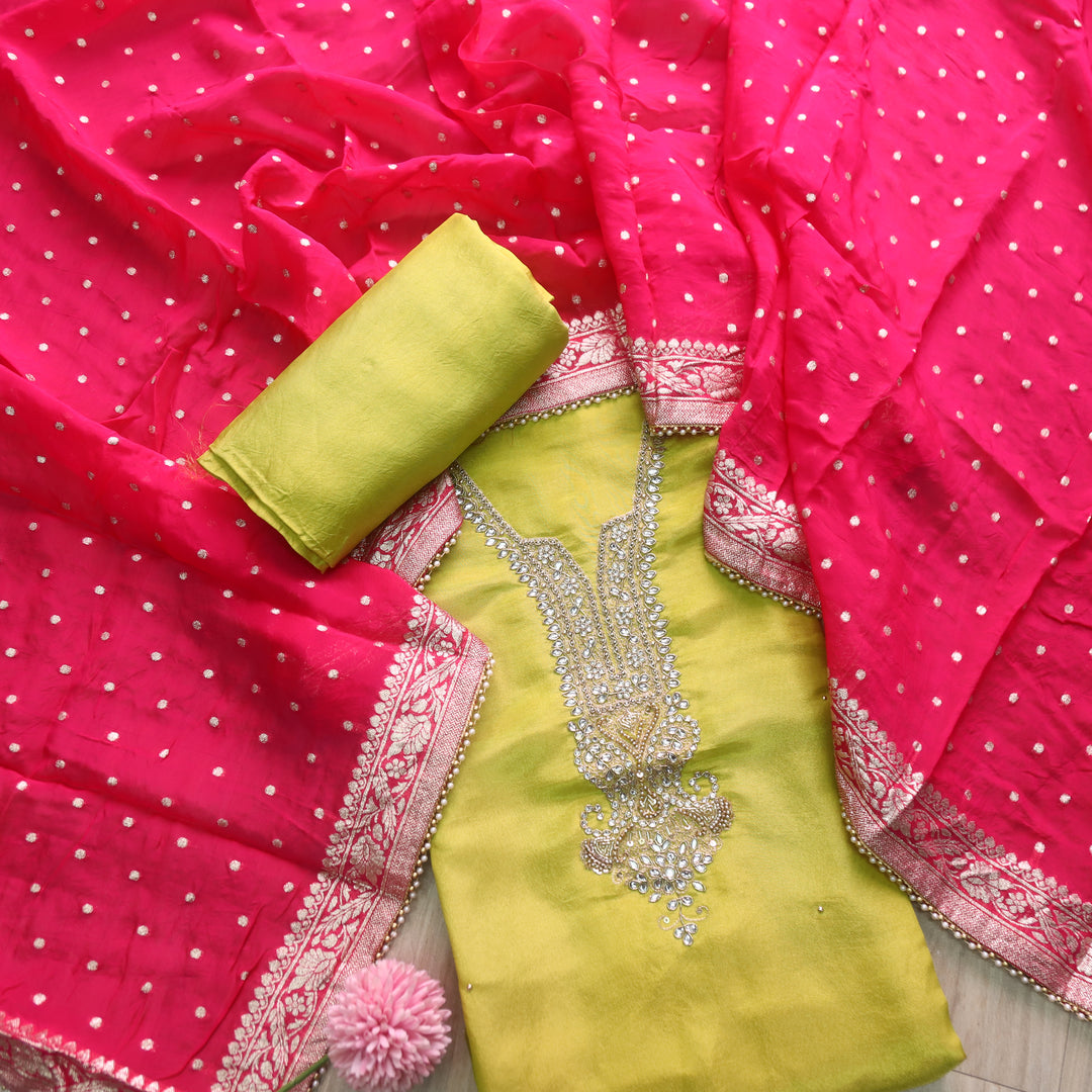Falak Lemon Green Embellished Neck Work Shimmer Tissue Silk Suit Set