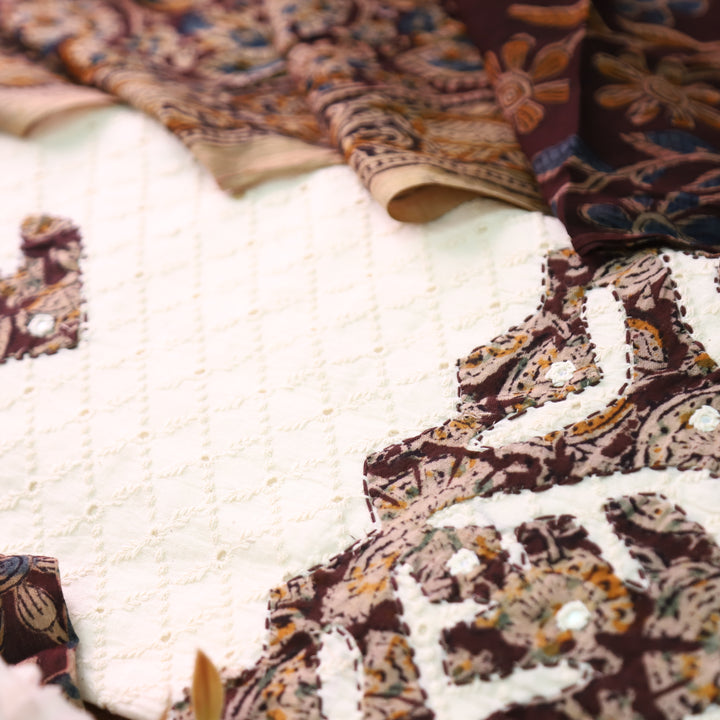 Bulbul Off-White with Maroon Kalamkari Applique Work Cotton Schiffli Set