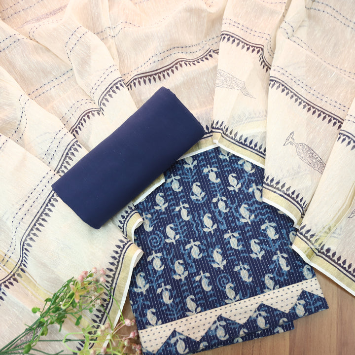 Rimmy Indigo Blue Dabu Printed Running Stitch Cotton Set D1