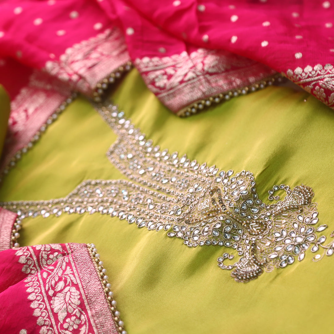 Falak Lemon Green Embellished Neck Work Shimmer Tissue Silk Suit Set