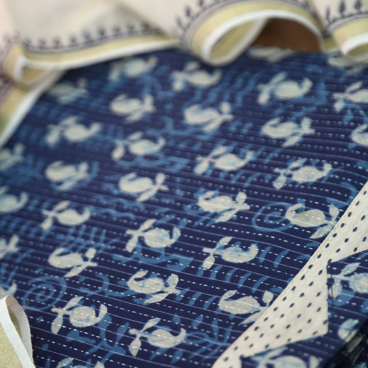 Rimmy Indigo Blue Dabu Printed Running Stitch Cotton Set D1