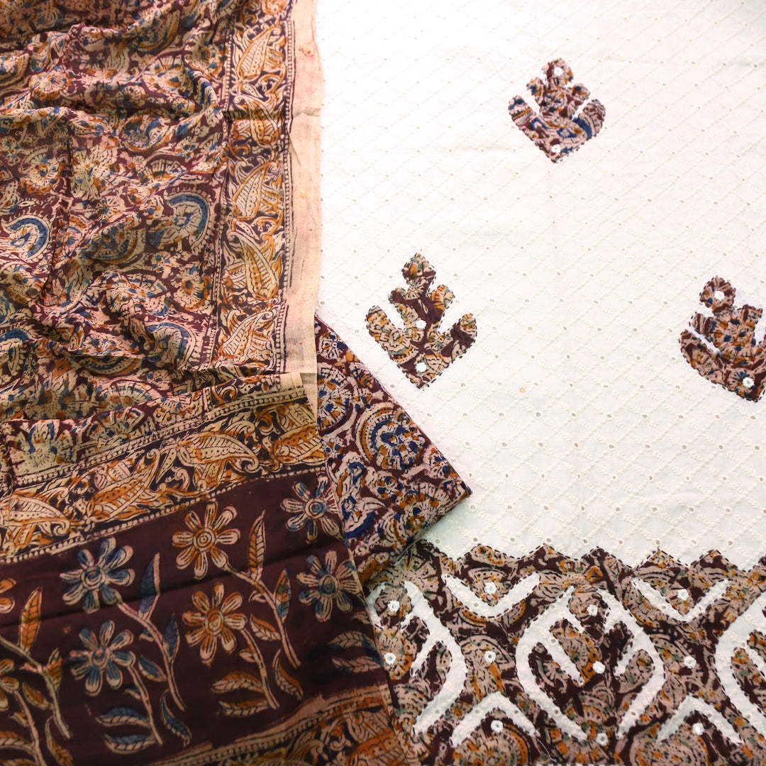 Bulbul Off-White with Maroon Kalamkari Applique Work Cotton Schiffli Set