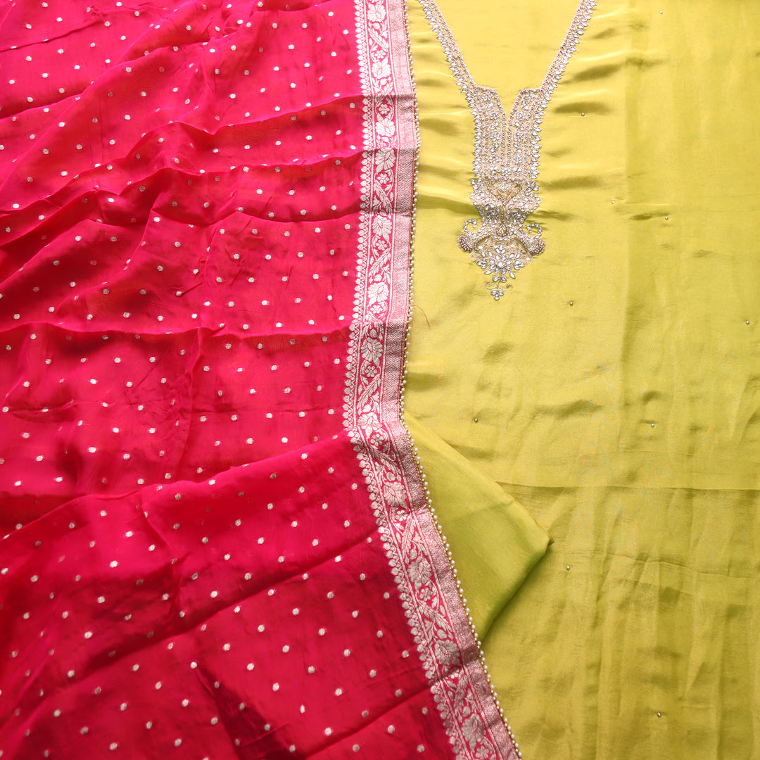 Falak Lemon Green Embellished Neck Work Shimmer Tissue Silk Suit Set