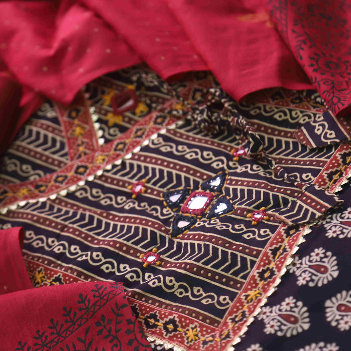 Khairiyat Night Black Angrakha Kutch Neck Work Cotton Suit Set