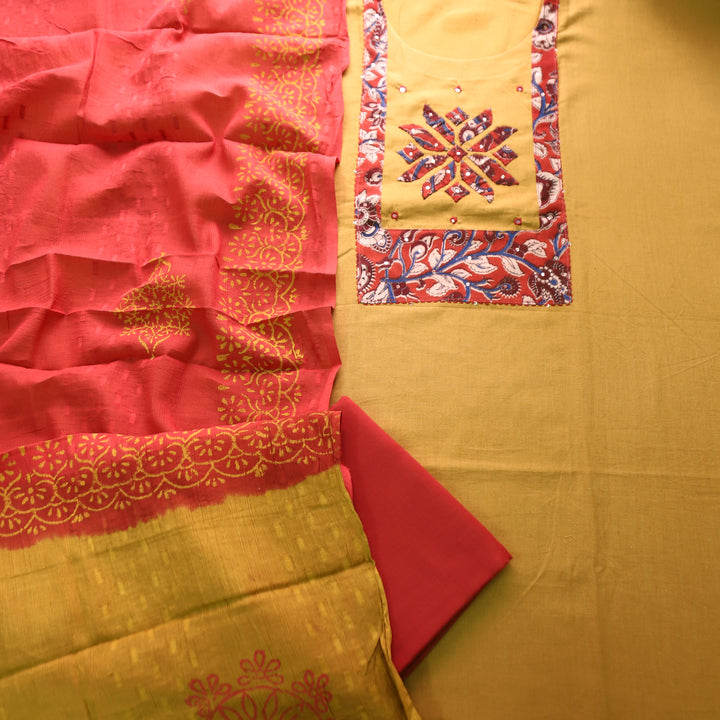 Bansi Mustard Yellow Applique with Patra Yoke Cotton Set