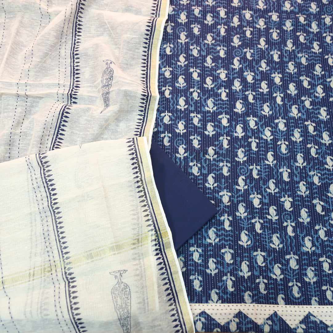 Rimmy Indigo Blue Dabu Printed Running Stitch Cotton Set D1