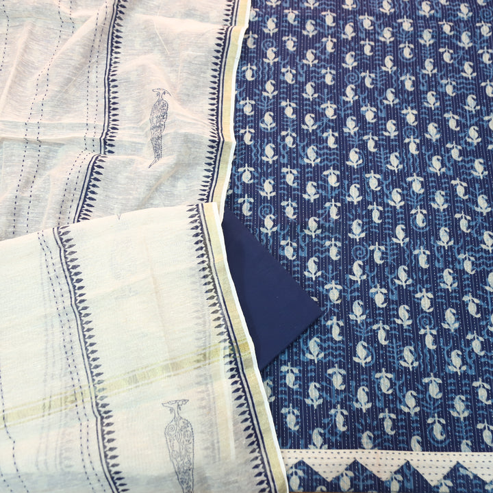 Rimmy Indigo Blue Dabu Printed Running Stitch Cotton Set D1