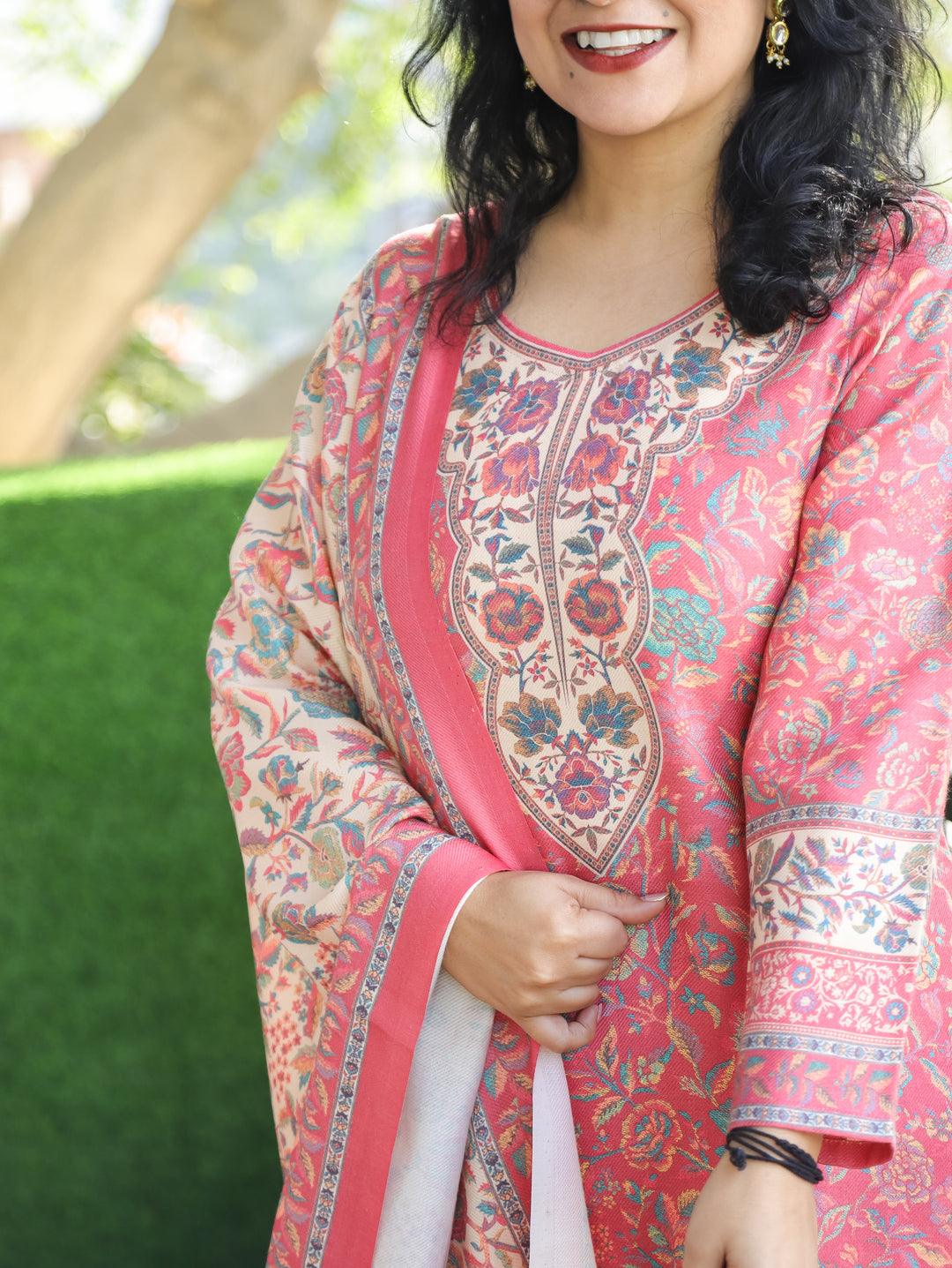 Tejaswini Punch Blush Pink Round Neck Kashmiri Floral Print Semi Pashmina 3 Piece Set
