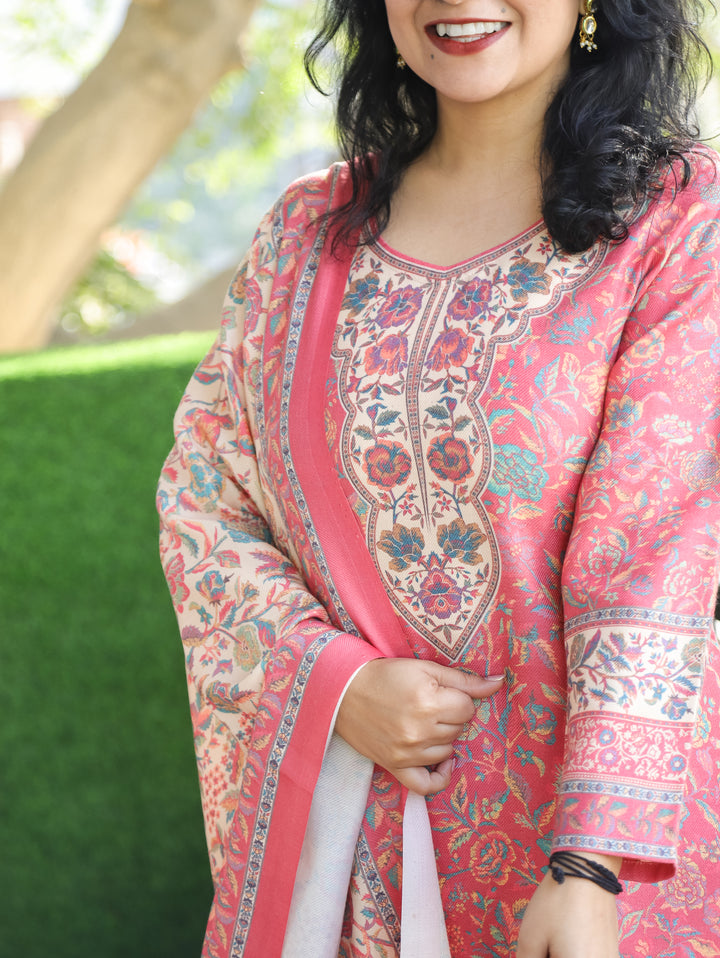 Tejaswini Punch Blush Pink Round Neck Kashmiri Floral Print Semi Pashmina 3 Piece Set