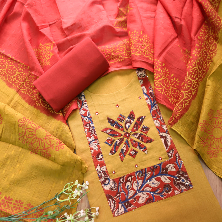Bansi Mustard Yellow Applique with Patra Yoke Cotton Set