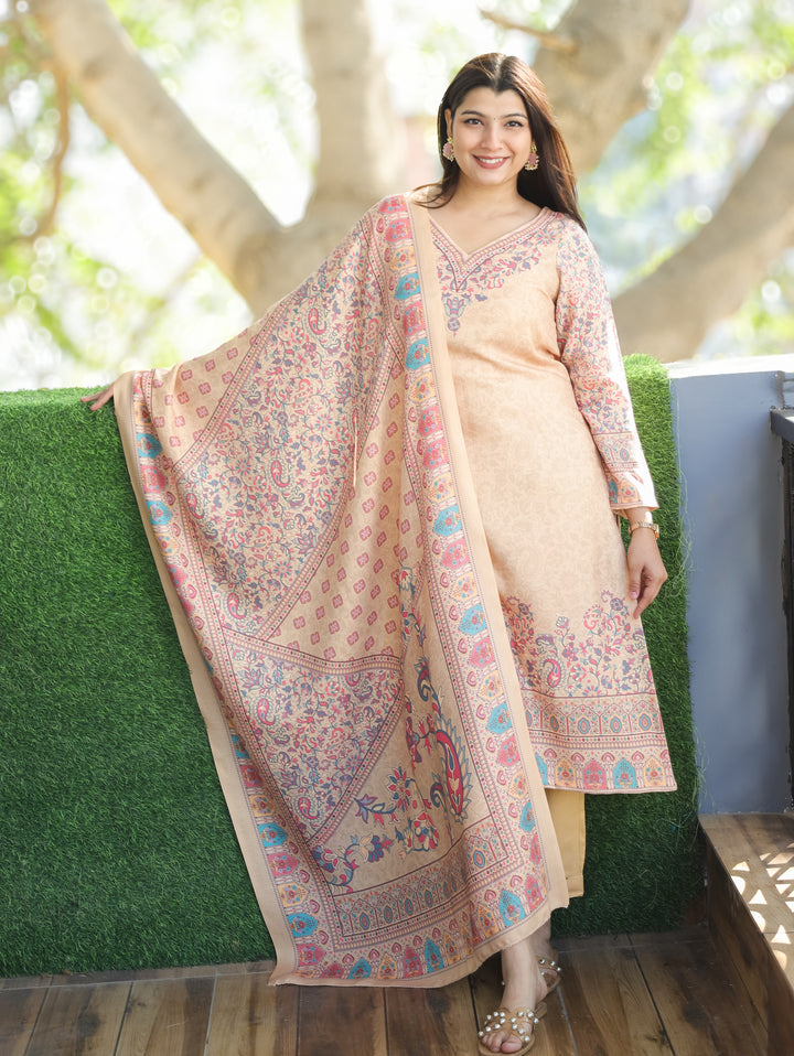 Kritipriya Butter Yellow V Neck Kashmiri Floral Print Semi Pashmina 3 Piece Set