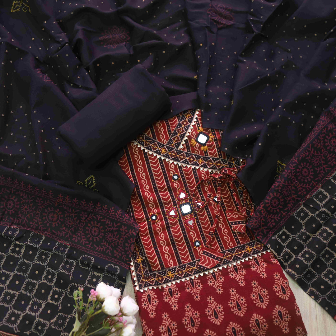 Khairiyat Cherry Red Angrakha Kutch Neck Work Cotton Suit Set