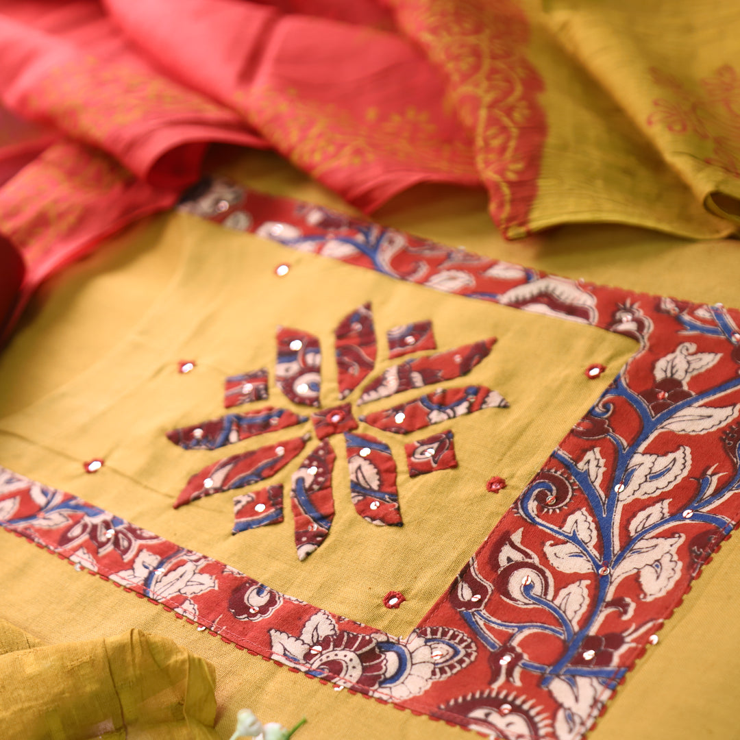 Bansi Mustard Yellow Applique with Patra Yoke Cotton Set