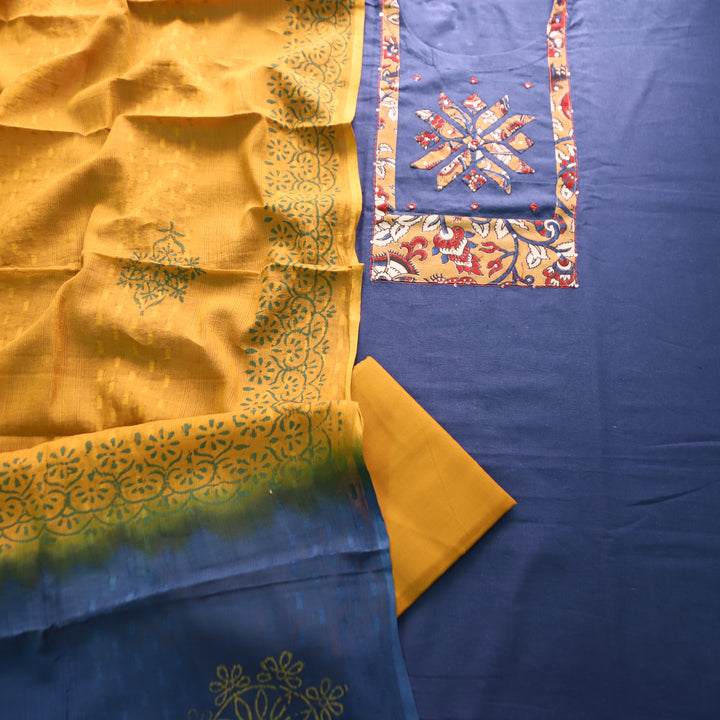 Bansi Navy Blue Applique with Patra Yoke Cotton Set